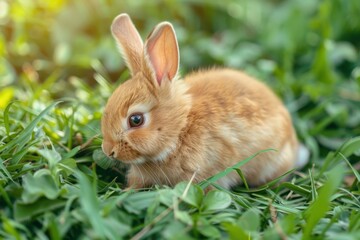 Fototapeta premium Healthy brown Easter bunnies on green garden background symbol of the festival