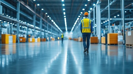 Obraz premium Worker in safety gear walking through a large industrial warehouse.