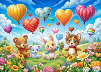 Naklejka premium Whimsical Landscape Scene Featuring Cartoon Animals Celebrating Love Under a Bright Sky with Colorful Flowers and Heart-Shaped Balloons in a Cheerful Environment