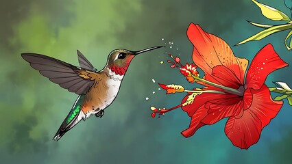 Hummingbird and Red Flower: A vibrant hummingbird hovers in mid-flight, its beak extended towards a brilliant red flower,  a breathtaking moment of nature's beauty and delicate balance.  