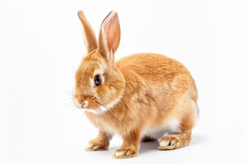 Obraz premium Lovely brown bunny stands on two legs on white background symbol of Easter