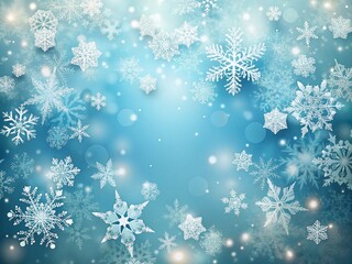 Aerial View of Soft Blue Background with Snowflakes Falling for Christmas and New Year Celebration, Capturing a Serene Winter Wonderland Atmosphere