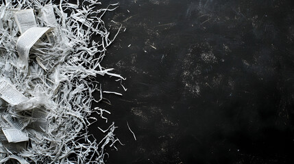 Eight sections of shredded newspaper on a black background. Copy space image. Place for adding text and design.4k image