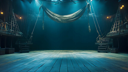 Empty pirate ship deck on a theater stage, evoking a nautical scene.high quality image