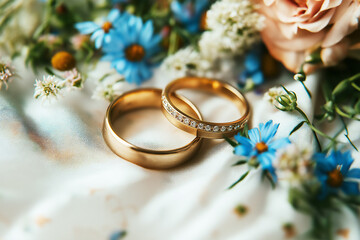 gold wedding band and diamond ring with flowers, close up with copy space