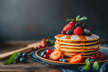 Pancakes with berries and honey in a plate on a wooden vintage table. Delicious pancakes with strawberries, blueberries and raspberries, side view. Pancakes close-up