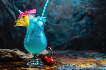 Tropical cocktail with blue curacao in a hurricane glass garnished with cherry pineapple and umbrella It s Tiki time