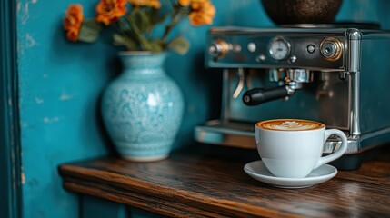 Fototapeta premium Latte art in a white cup beside espresso machine.