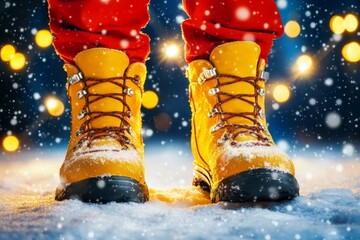 Vibrant yellow winter boots in snowy night scene with festive lights