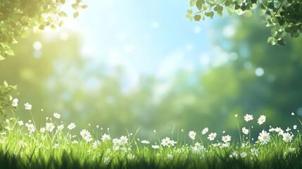 Green spring landscape with copy space image ideal for spring and summer themes showcasing a meadow setting with a blurred background perfect for mockups and banners.4k image