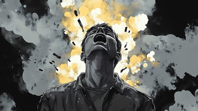 Man screaming, head exploding with yellow light and grey smoke.