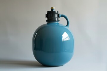Blue ceramic jug is standing on a white surface with a white background