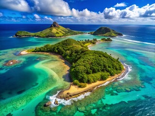 Obraz premium Aerial View of Two Serene Small Islands in the Ocean Surrounded by Turquoise Waters Near Hawaii, Showcasing Lush Greenery and Sandy Beaches for Nature Lovers