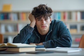 Pensive young man in library surrounded by open books, wearing denim jacket with thoughtful expression