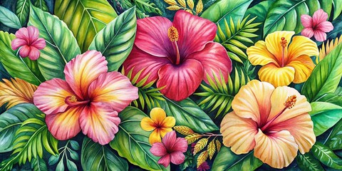 Aerial Watercolor Illustration of Pink and Yellow Hibiscus Flowers Surrounded by Lush Tropical Leaves for Tropical Garden and Nature Themes in Stock Photos