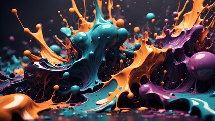 Abstract vibrant teal, orange, and purple paint splash explosion.