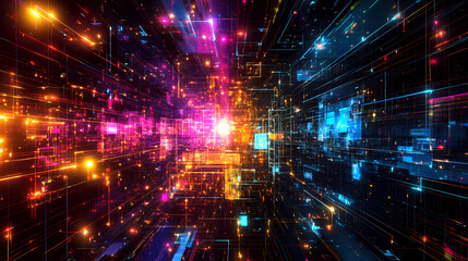 Obraz premium Generative ai abstract illustration of geometric shapes and structures in colorful neon colors and lights in cyberspace against dark background. Abstract Neon Geometry. Illustration