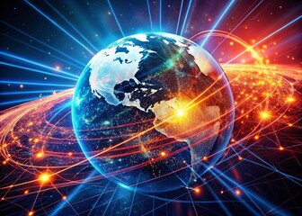Obraz premium A Futuristic Digital Earth Surrounded by Data Streams and Gridlines in a High-Tech Environment Capturing the Essence of Global Connectivity and Technology Innovation