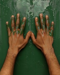 Close-up of two human hands covered in wet green paint pressed against a textured surface with fingers spread wide apart