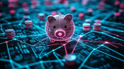Futuristic piggy bank with digital grid patterns representing financial technology, digital savings innovations, and electronic currency in a networked world