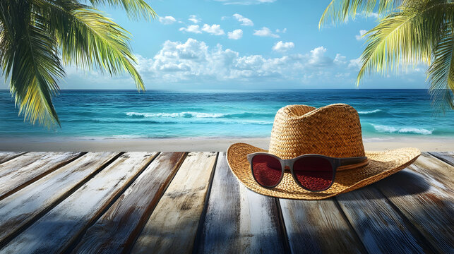 Seaside theme setting with straw hat and sunglasses on a wooden table against a tropical beach and ocean backdrop offering ample copy space for products.4k image
