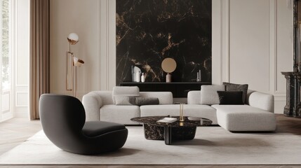 Modern Luxury Living Room Interior Design: Elegant Lounge Area with Sectional Sofa, Armchair, and Marble Coffee Table