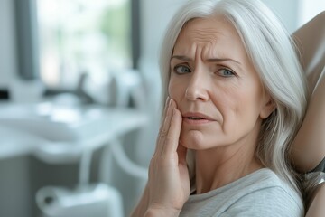 Worried elderly woman with toothache seated in dental office looking concerned about oral health and pain management