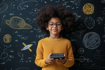 Young girl in glasses holding calculator in front of chalkboard with astronomy drawings, inspiring stem education and imagination in children