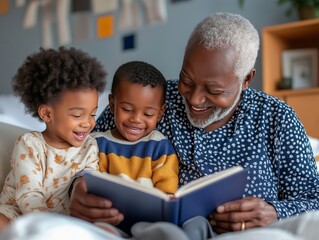 Grandfather reading a storybook to two happy grandchildren, sharing joyful family moments together in a comfortable living room setting