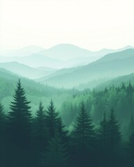 Scenic panoramic view of evergreen forest with misty layers of distant mountains under calm serene sky in tranquil morning light