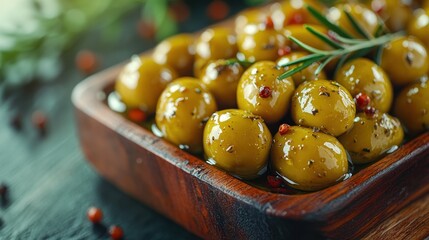 Marinated green olives in a wooden bowl with rosemary and peppercorns.