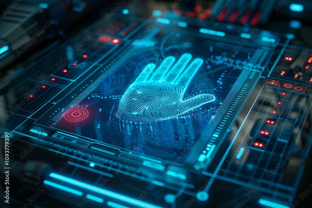 Wall mural futuristic hand scanner is scanning a hand to perform an identity check using biometric data