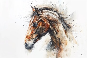 Watercolor art a meticulously detailed horse, blending abstract brushstrokes with realistic elements