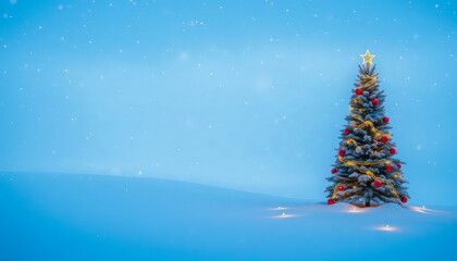 Obraz premium New Year Card: Winter Landscape with Decorated Christmas Tree in Snowy Field