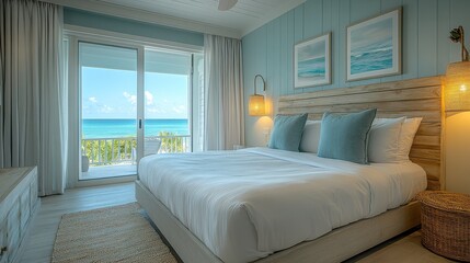 Fototapeta premium Bright and Airy Beachside Bedroom with Ocean View, Soft White Bedding, and Calm Coastal Decor for Relaxation and Comfort in a Tropical Paradise Setting