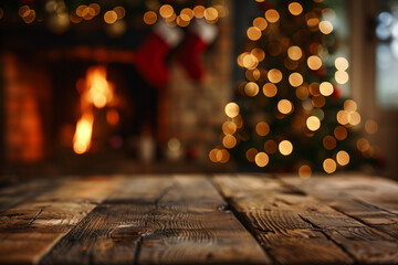 Wooden table with blurred background of Christmas tree and fireplace, creating space for product display or design in warm color tones. Festive backdrop with bokeh lights.