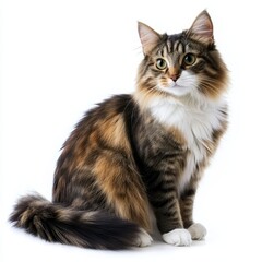 A Norwegian Forest cat sits and looks directly at the camera, with a white backdrop providing isolation.