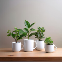 Obraz premium Small plants in ceramic pots with plain white mugs are placed on a light wooden surface