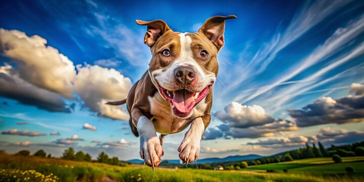 Amstaff Dog with Hilarious Crazy Eyes Soars Through the Air in a Whimsical Adventure Captured in Documentary Photography Style