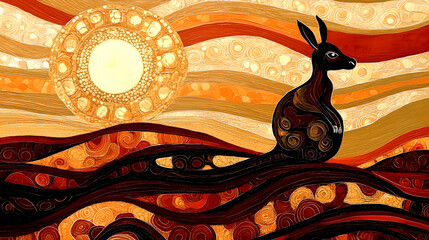Aboriginal Art Depicting Kangaroo and Sunset.4k image