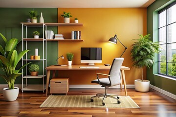 Fototapeta premium An Attractive Workspace Featuring a Desk with a Chair and Computer, Ideal for Creative Inspiration and Productivity, Perfect for Home Office or Business Settings