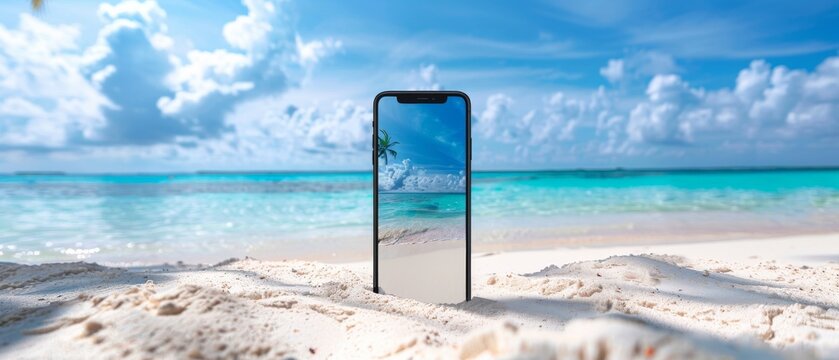 A mobile phone mockup with an empty screen, set against the serene backdrop of white sand tranquil