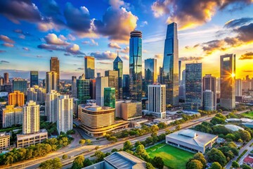 Obraz premium A Panoramic View of a Thriving Modern City Skyline Showcasing Diverse Businesses and Innovative Architecture in a Dynamic Urban Environment