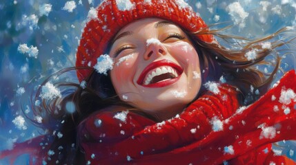Happy woman in snow with red hat
