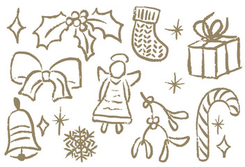 Christmas decor elements, angel, stocking, ribbon bow, holly, mistletoe, bell, snowflake, gift box, minimal hand drawn vector clip art