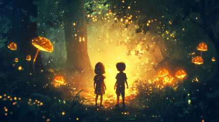 Obraz premium Whimsical scene of children exploring a magical forest with glowing mushrooms and fairies, rich colors and enchanting atmosphere. Luminous Forest Spirits. Illustration