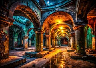 Fototapeta premium Architectural Photography of a Dark Descent into an Abandoned Underground Structure with Eerie Lighting and Intricate Details, Capturing the Mystery and Beauty of Decay and Design