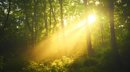 Fototapeta premium Mystical forest with sunlight streaming through, evoking tranquility and exploration. Luminous Forest Spirits. Illustration