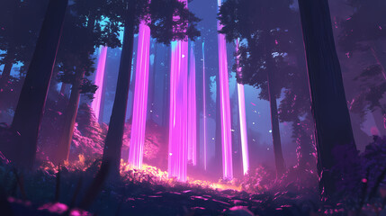 A mysterious forest scene with luminous vertical strands of light, representing inspiration and lifting spirits in a tranquil setting full of enigma and beauty,. Luminous Forest Spirits. Illustration
