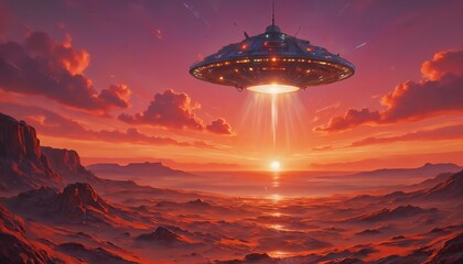 Sci-fi digital art, UFO emitting beam of light over empty desert with dramatic sunset sky
